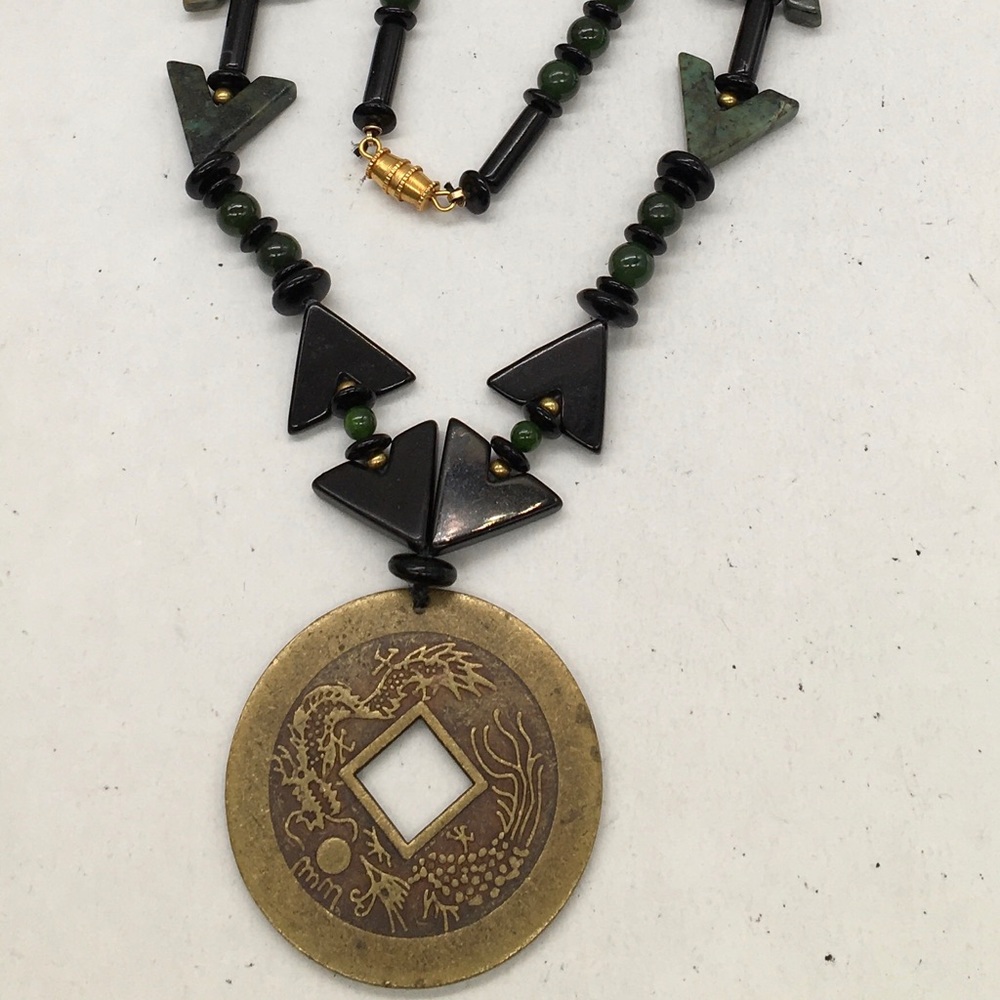 Vintage Double Dragon Coin & Jade Necklace